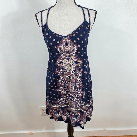 Angie Dresses & Skirts - Angie Paisley Mini Dress Womens Medium Navy Blue Boho T-Back Rayon Festival